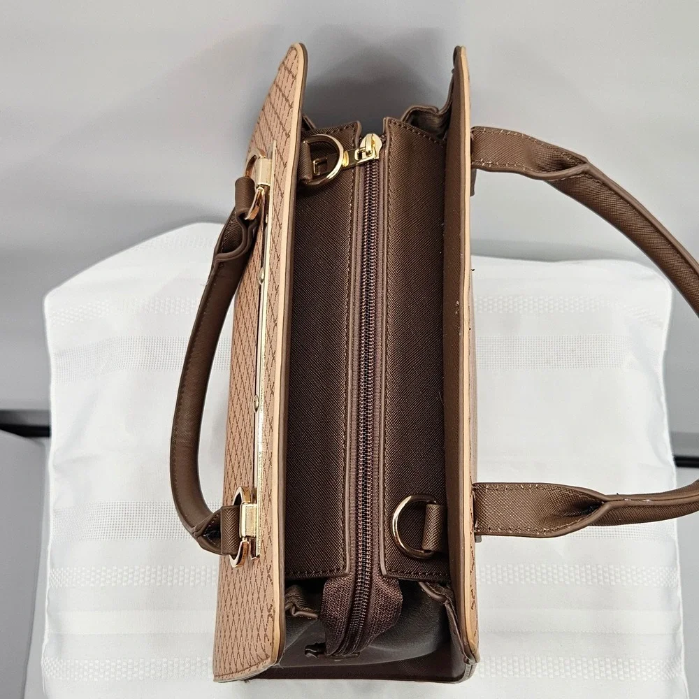 Crossi Brown Tan Geometric Lattice Satchel Double‎ Compartment Crossbody Bag